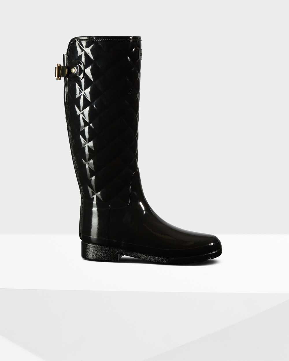 Hunter Women's Refined Slim Fit Adjustable Quilted Tall Wellington Boots Black,MFNT92834